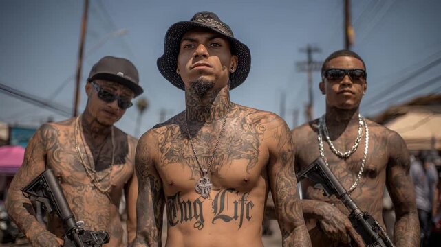 Gang members holding guns on a city street