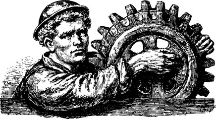 Antique engraving of a worker with gear. Detailed black outline drawing showcases craftsmanship in industry. Vector illustration.