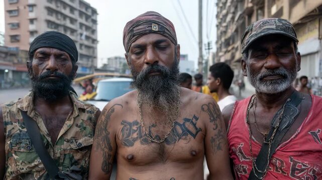 Gang members holding guns on a city street