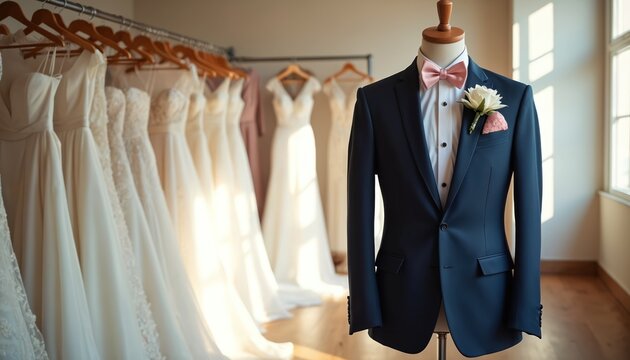 Groom tuxedo displayed with wedding dresses in shop. Elegant men suit with pink bow tie boutonniere and pocket square. Bridal boutique interior, formal male attire for wedding ceremony.