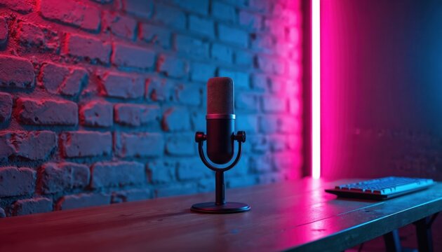 Pro microphone on wooden desk in podcast studio. Brick wall illuminated by vibrant pink and blue neon lights. Keyboard sits nearby. Modern content creation space.
