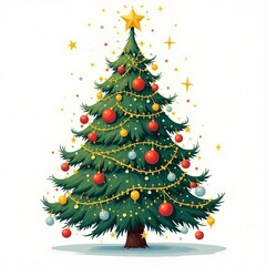 Fully Decorated Traditional Christmas Tree with Star and Lights