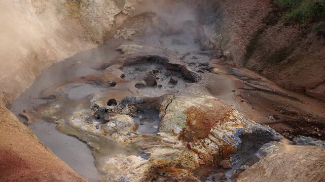 Mud pot, hot spring, fumarole in the landscape - north of Iceland