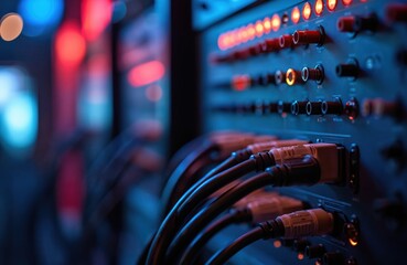 Closeup of audio tech hardware. Cables and connectors on electronic equipment. Tech infrastructure with data transmission. Modern industry devices and computer server setup.