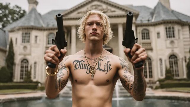 Gang member holding guns in front of a mansion