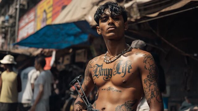 Gang member holding guns on a street