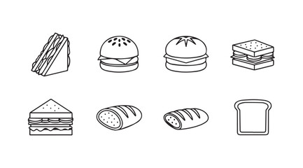 Collection of isometric food icons featuring sandwiches burgers and bread silhouette
