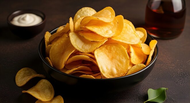 Crispy potato chips in a black bowl with dip and drink on a dark background