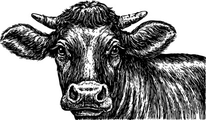 Cow head in black and white outline style. Vintage engraving vector illustration showcasing detailed textures in a realistic format.