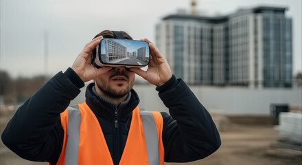 A construction worker reviews Building Information Modeling (BIM) with specific LOD details using virtual reality on-site, enhancing project execution and workflow efficiency