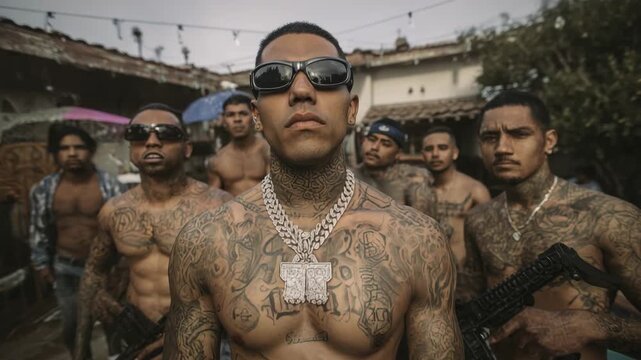 Gang members holding guns on a city street