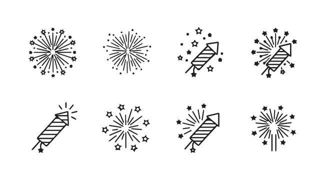 Collection of stylized firework and rocket icons in a simple silhouette style
