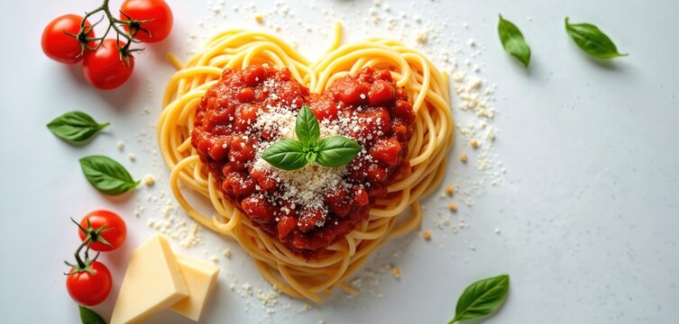 Heart shaped spaghetti Bolognese pasta with rich tomato sauce. Grated parmesan cheese, fresh basil garnish dish. Cherry tomatoes, cheese sit beside romantic Italian meal. Food art on white background