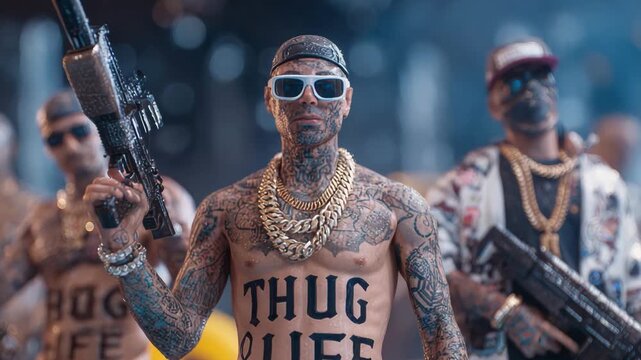 Gang members holding guns on a city street