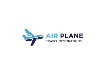 Air travel logo with stylized airplane symbol for travel agencies, airlines, and vacation planning services