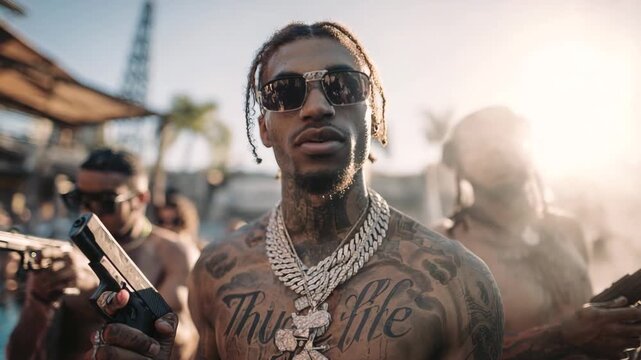 Gang members holding guns at a mansion