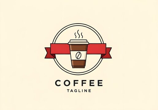 Elegant coffee cup logo design with red ribbon and steam, perfect for cafe branding and restaurant menus, evokes warmth