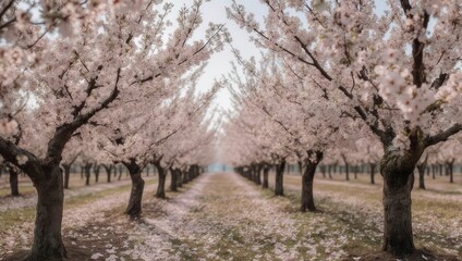 Obraz premium Avenue of Cherry Blossom Trees in Full Bloom.