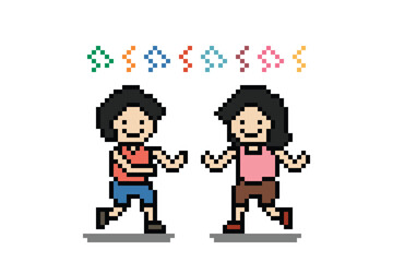 Cartoon cute dancing friends multiracial or children party with music singing or exercise school cartoon pixel art 8 bit.