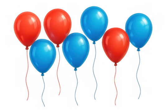 Red and blue party balloons floating, celebrating birthday, anniversary, holiday, and special events with shiny decoration