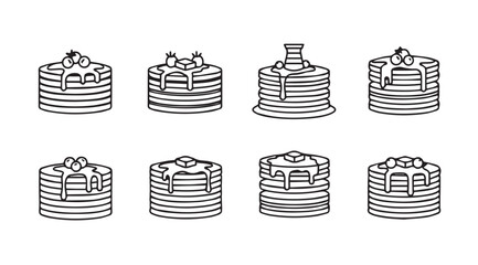 Collection of delicious stacked pancakes with syrup and toppings silhouette