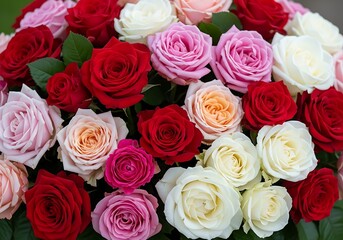 Fototapeta premium Close-up of a tightly packed bouquet of roses featuring vibrant red, white, and various shades of pink blooms