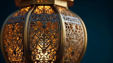 Ornate golden ramadan lantern with intricate arabic patterns glowing softly in dark elegant setting for festive islamic kareem celebration and spiritual holiday decor concept