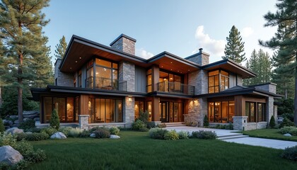 Modern luxury house with stone and wood exterior elements. Large windows offer scenic forest views. Upscale residence features multiple balconies and manicured grounds.