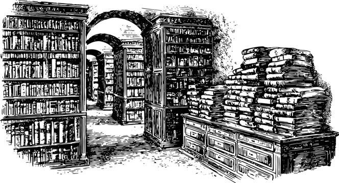 Library with shelves filled with books in an engraving style. Hand-drawn vector illustration features vintage details and classic architecture.