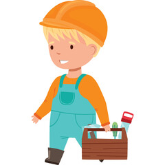 Young Boy Wearing Orange Hard Hat Blue Overalls And Boots Carrying A Wooden Toolbox With Tools In White Background