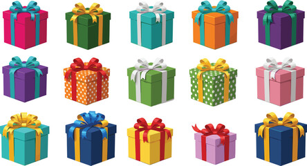 Collection of colorful wrapped gift boxes with decorative bows, perfect for holiday celebrations, festive designs, birthday graphics, and seasonal illustrations