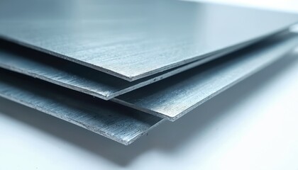 Fototapeta na wymiar Stack of shiny metal sheets with brushed texture in clean workshop. Gray material closeup shows smooth metallic surface, industrial background for fabrication or construction projects.