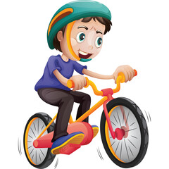 Young boy wearing helmet and blue shirt rides a red bicycle with yellow handlebars on a transparent background a fun outdoor activity for children