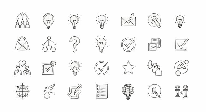 Illustration of various business concepts and ideas represented by hand drawn style icons and symbols