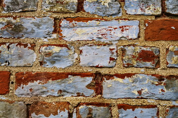 Détail de vieux mur en brique. Gros plan sur briques et mortier.