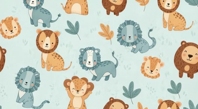 Animated Cute Lions Seamless Pattern with Decorative Leaves and Cartoon Style Design Background