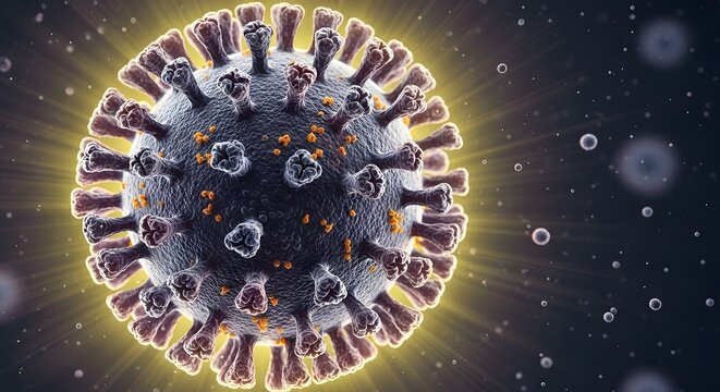 Detailed Coronavirus Rendering with Spikes and Viral Particles on Dark Background