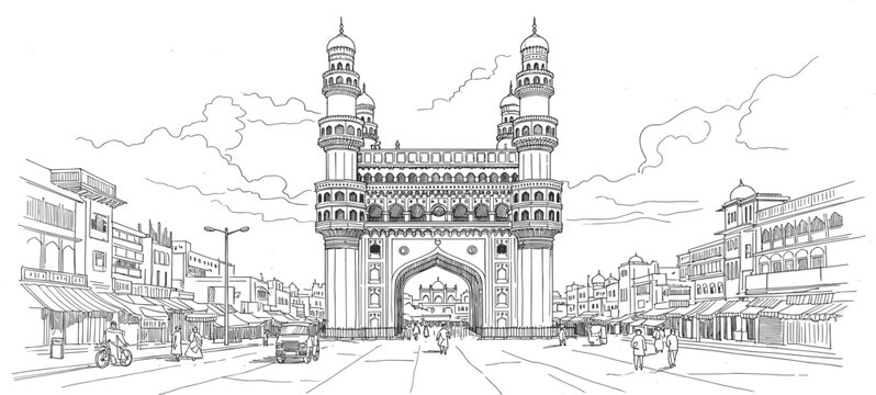 Charminar A Detailed Architectural Illustration of Hyderabad's Iconic Landmark and Historic Cityscape