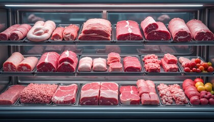 Shelves display variety raw meat cuts sausages. Refrigerated cabinet shows beef pork fresh products. Food retail, butcher shop, grocery store assortment.