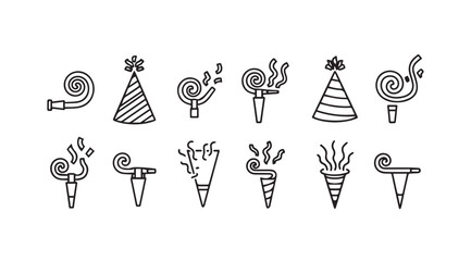 Collection of hand drawn party horns and party hats silhouette