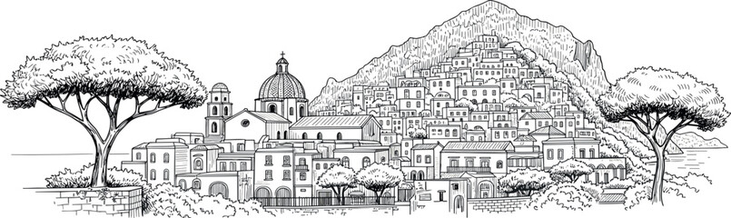 Obraz premium Illustration of Coastal Italian Village with Mountains and Trees in Black and White