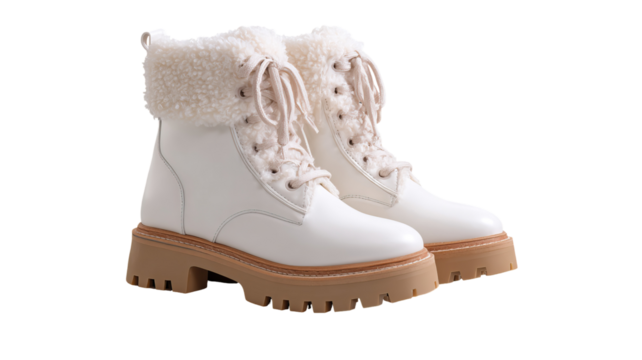 White Vegan Ankle Boots Faux Shearling Trim Waterproof on Transparent Background