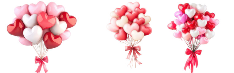 Love in Bloom: Three vibrant bouquets burst with heart-shaped balloons, tied together with delicate ribbons, exuding an atmosphere of love and affection.