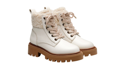 White Vegan Ankle Boots Faux Shearling Trim Waterproof on Transparent Background