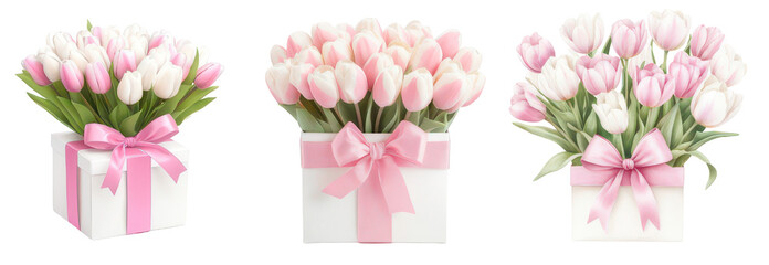 Blossom Bouquet: A harmonious composition of tulips, gracefully arranged within elegant gift boxes, tied with charming ribbons, and representing the epitome of floral beauty. 
