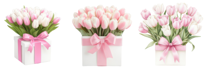Blossom Bouquet: A harmonious composition of tulips, gracefully arranged within elegant gift boxes, tied with charming ribbons, and representing the epitome of floral beauty. 