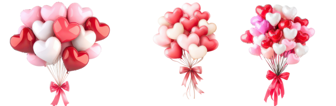 Love in Bloom: Three vibrant bouquets burst with heart-shaped balloons, tied together with delicate ribbons, exuding an atmosphere of love and affection.