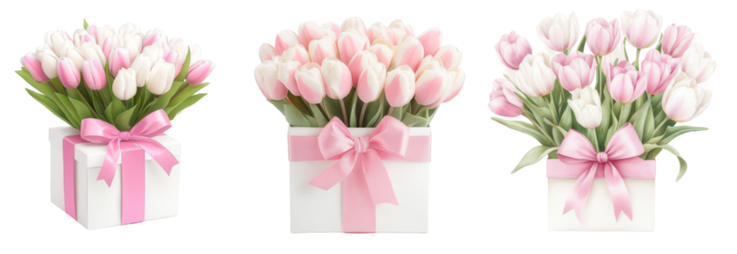Blossom Bouquet: A harmonious composition of tulips, gracefully arranged within elegant gift boxes, tied with charming ribbons, and representing the epitome of floral beauty. 