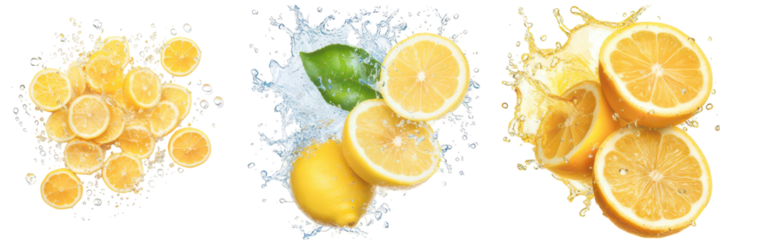 Zesty Lemon Splash: A refreshing composition features sliced lemons with a single leaf and water splashes, portraying the essence of summer and the bright zest of citrus. 