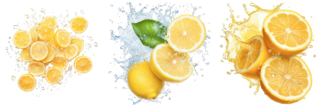 Zesty Lemon Splash: A refreshing composition features sliced lemons with a single leaf and water splashes, portraying the essence of summer and the bright zest of citrus. 